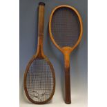 Two Wooden Tennis Rackets to include a Clapshaw & Cleave racket with convex wedge double centre