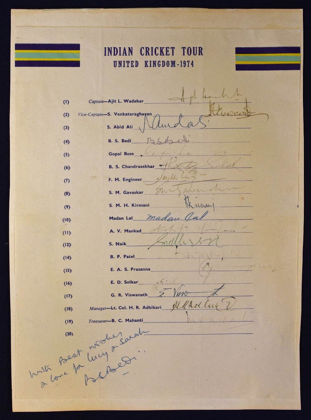 1974 Indian Cricket Tour Signed Team Sheet to include 19 signatures such as Wadekar,