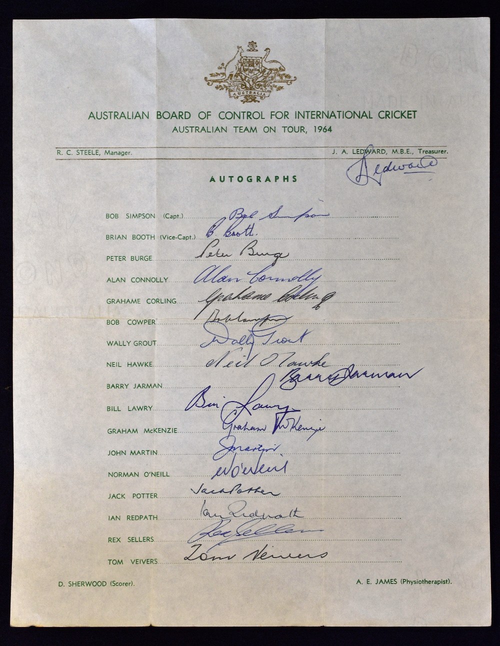 1964 Australian Cricket Team on Tour Signed Team Sheet to include 18 signatures such as Simpson,