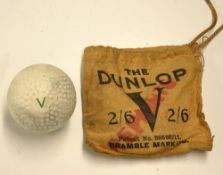 Rare Dunlop V Patent Bramble Markings golf ball and in makers original golf ball sack – stamped with