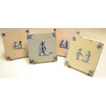 4x early Dutch Delft Golfing Scene Tiles - in blue and white with large single Kolfing figure (one