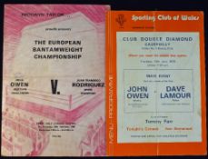 Boxing programmes to include John Owen v Dave Lamour at Caerphilly 29 June 1978 (autograph), John