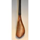J Morris rare left hand dark stained beech wood spoon with slight hooked face c.1885 – some minor