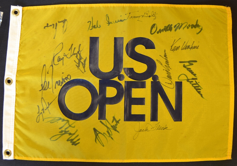 US Open Golf autographed yellow pin flag: signed by 14 Open Champions include Gary Player, Ray