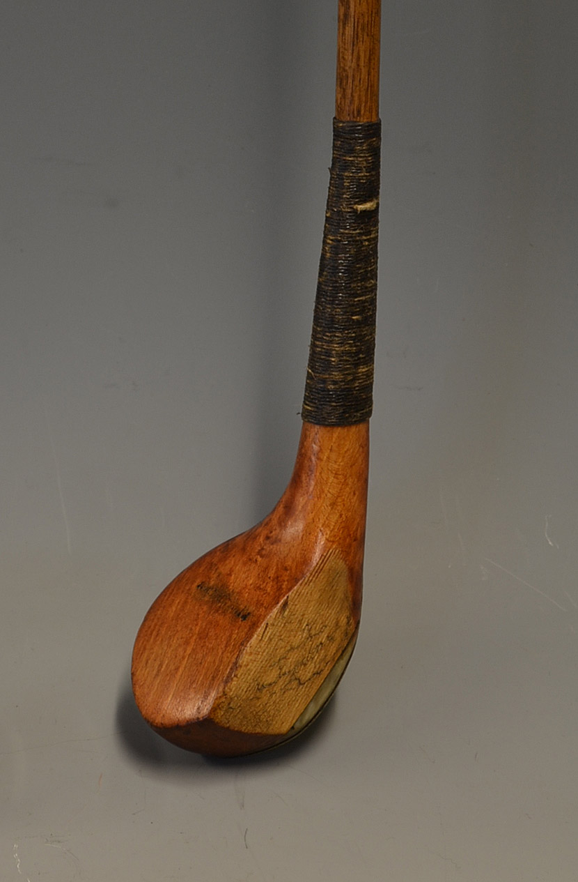 Hutchison (North Berwick) light stained beech wood scare head brassie with full wrap over brass sole