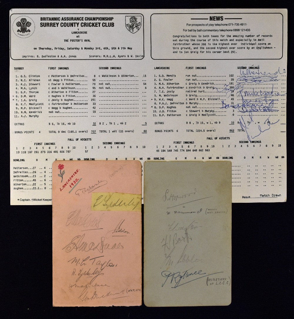 c.1930s Lancashire Cricket Autographs to include Eckersley, Tyldesley, Hallows, Iddon, Taylor,