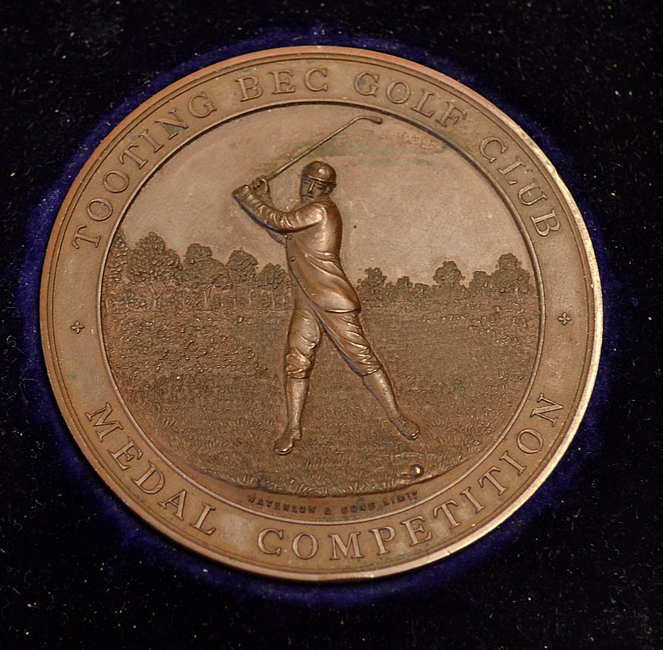 1890 Tooting Bec Golf Club Bronze Medal: the obverse embossed with a Period Golfer and with