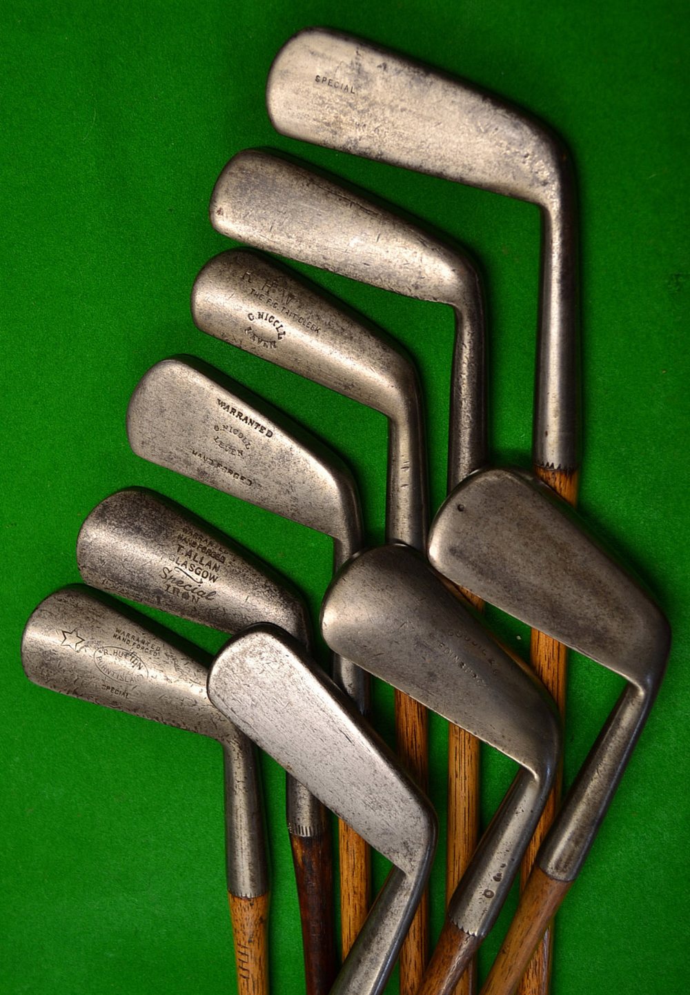 9x Assorted Smoothed Faced Irons including 3x round backs by Goodie and Co Edinburgh, Gibson of