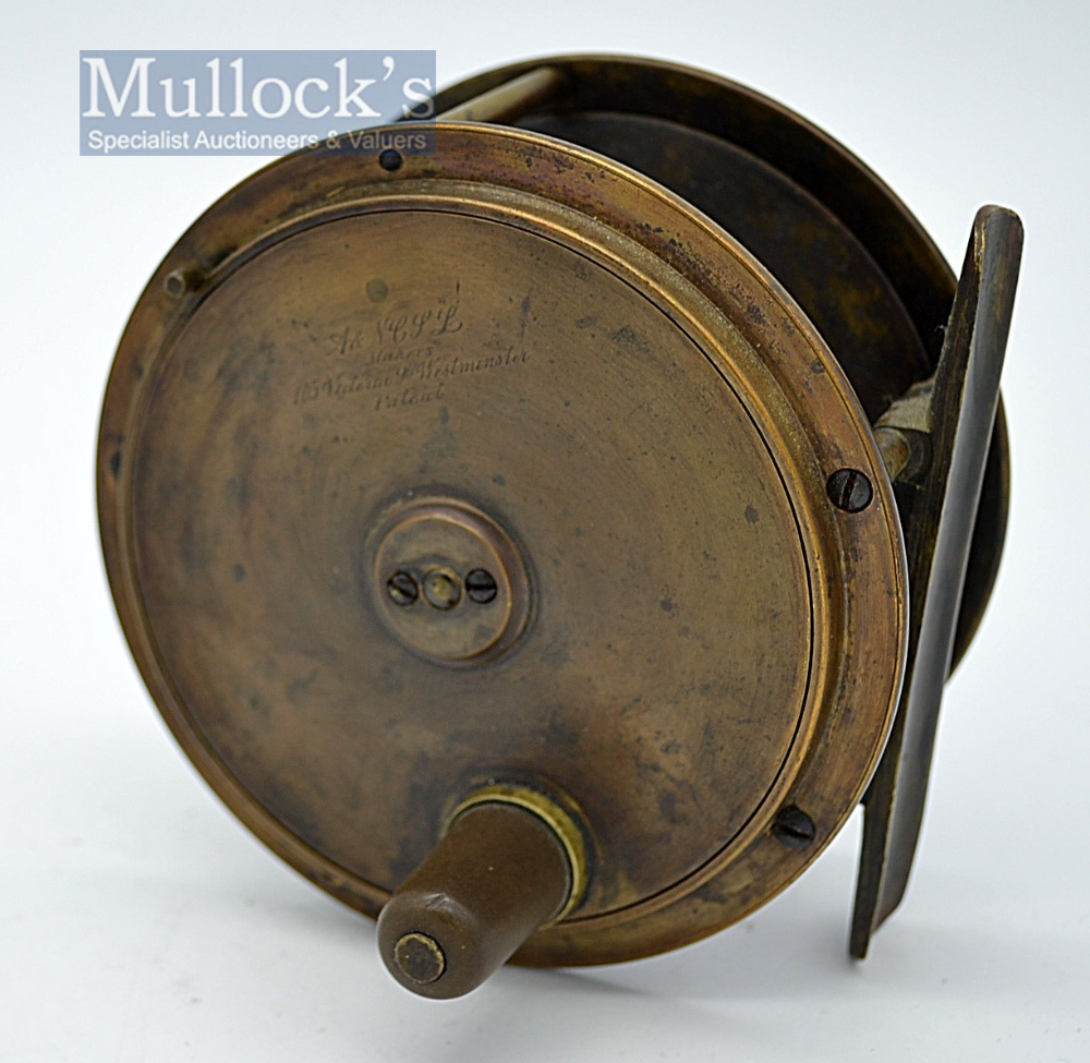 Army & Navy C.S. Ltd Makers 105 Victoria St Westminster Hercules style brass salmon reel: 4” dia - Image 2 of 3