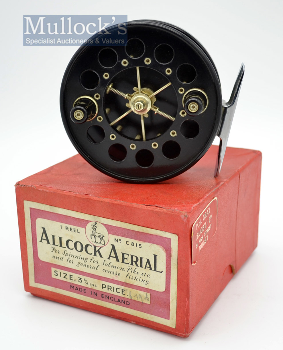 Fine Allcock Aerial Black alloy centre pin reel – unused and in makers box -3.75” dia chrome
