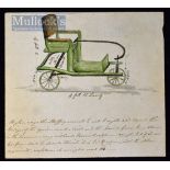 C.1838 Design for a Bath Chair Drawing a hand coloured drawing with manuscript text below, watermark
