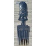 African Wooden Carved Combs African face handle above a 6-prong comb and African warrior handle