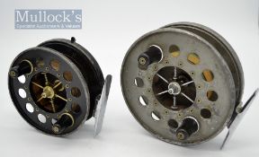 2x Allcock Aerials alloy centre pin reels - 3.75 inch diameter smooth chrome foot, on-off check,