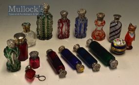 Great Selection of Early Perfume Bottles and Trinkets to include 3x with hallmarked silver tops,
