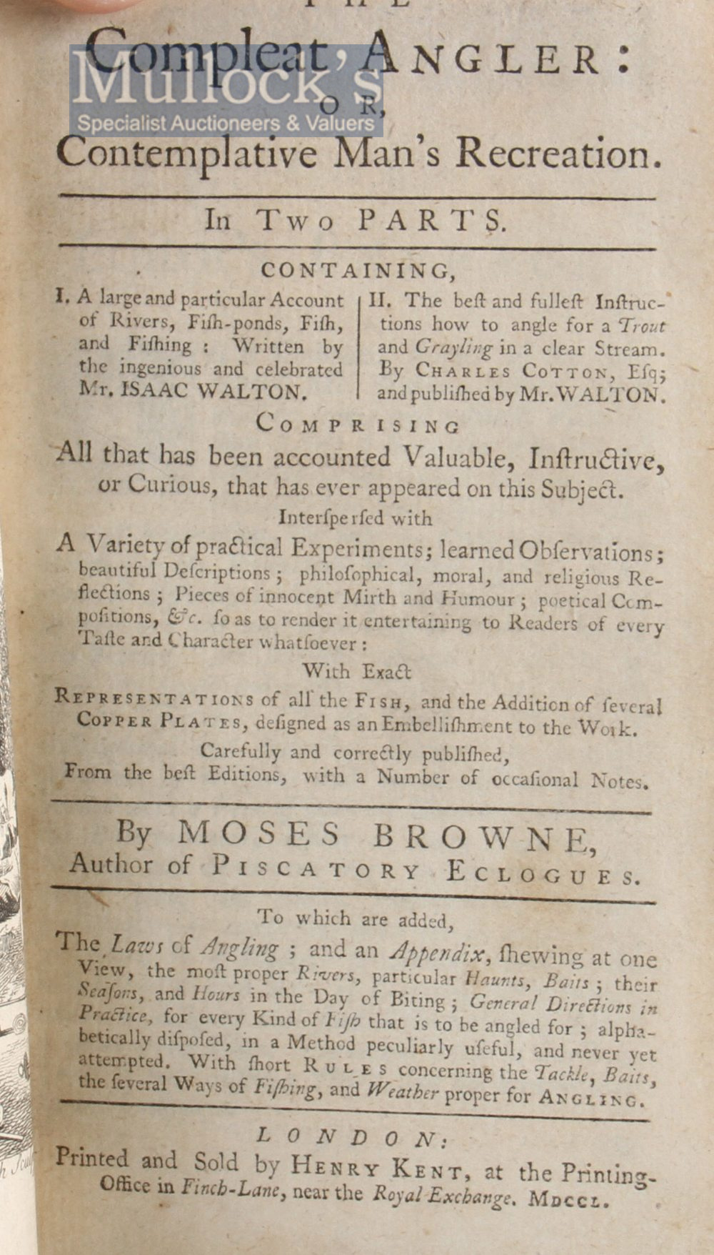 Fishing Book - Walton, Izaak – “The Compleat Angler or Contemplative Man’s Recreation” 1750, 1st - Image 2 of 2