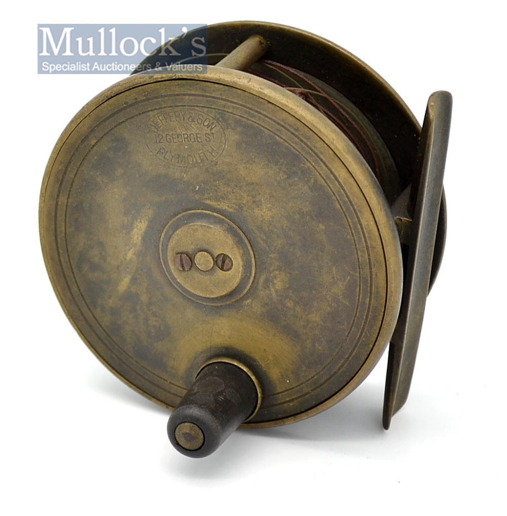 Jeffery & Son 12 George St., Plymouth brass fly reel – 3” dia - with makers border oval logo to