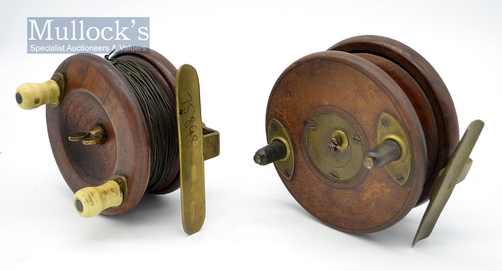 2x interesting Nottingham wooden and brass fly reels- 4” dia with slater spring latch, and brass