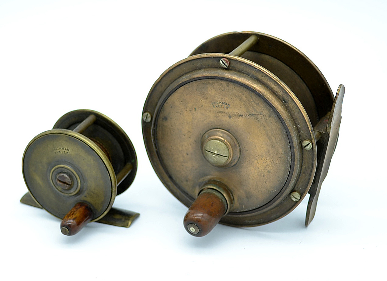 2x Prickman Exeter brass reels – to incl Hercules style 3.5” fly reel – with ebonite back plate,