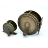 2x Prickman Exeter brass reels – to incl Hercules style 3.5” fly reel – with ebonite back plate,
