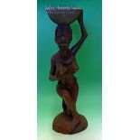 African Woman Wooden figure - Large African woman carrying a bowl on her head 54cm high