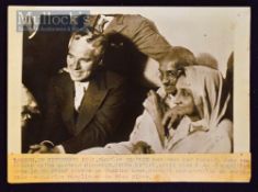 MK Gandhi and Charlie Chaplin 1931 London Original French press photograph with stamps to reverse in