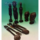 Collection of Wooden African Tourist Ware - To consist of 2 heads, 3 figures 35cm high together with