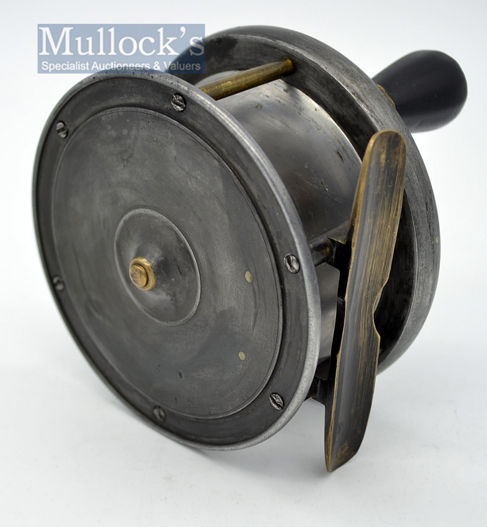 Malloch’s Sun &Planet Patent brass and alloy multiplying salmon fly reel: 4" dia, waisted smooth - Image 3 of 3