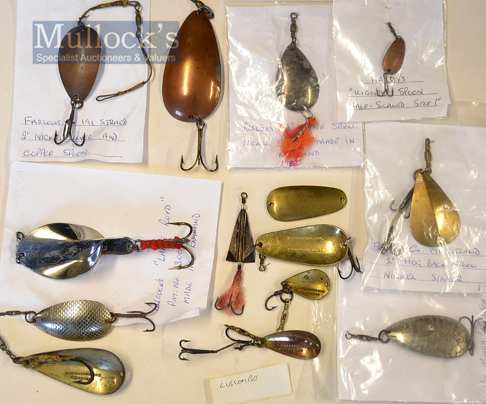 Collection of various fishing bait spoons (15): 2x Norwich Spoons, C Farlow & Co 191 The Strand