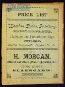 c.1890s H. Morgan Price List - Watch, Clock Maker, Jeweller &c. - Park House, Blaengarw (In
