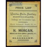 c.1890s H. Morgan Price List - Watch, Clock Maker, Jeweller &c. - Park House, Blaengarw (In