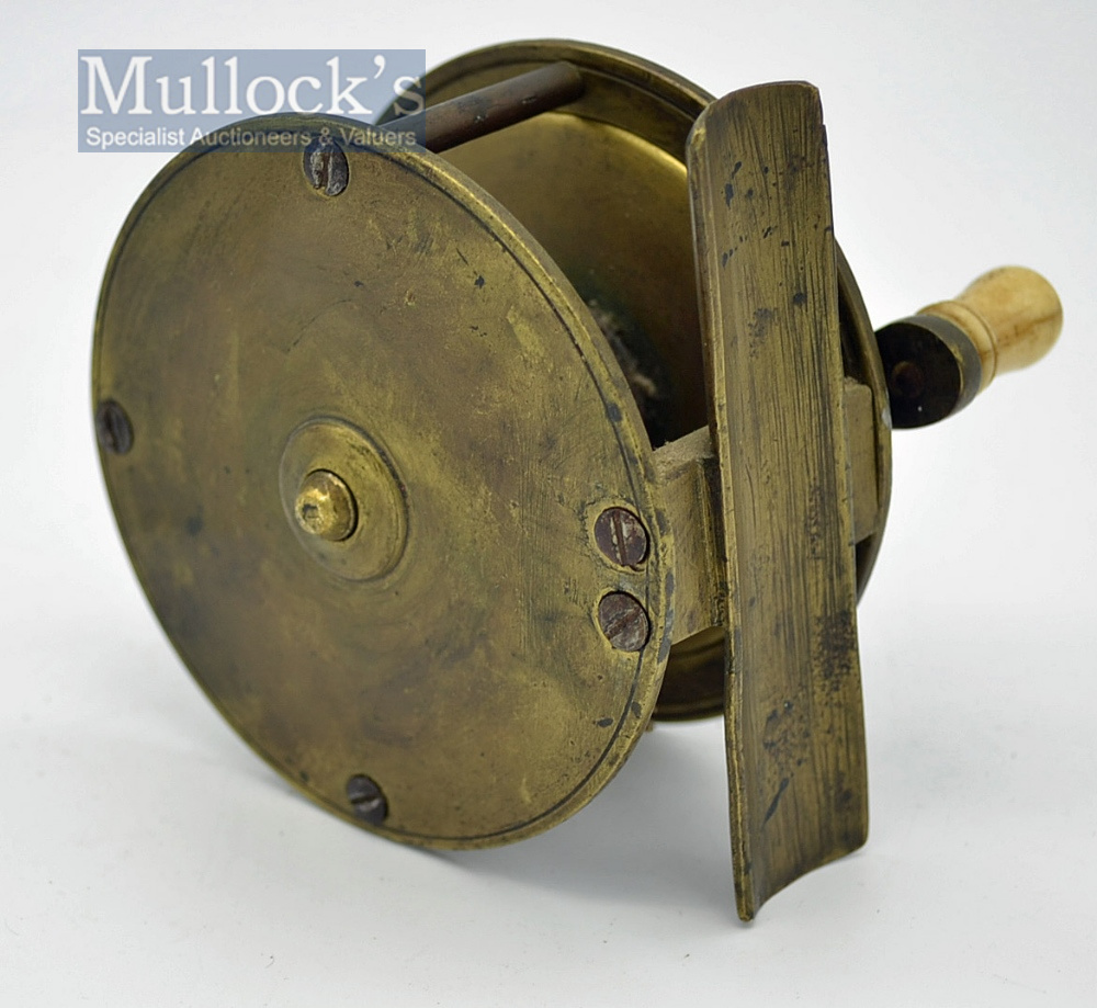 Hackett Cork brass wide drum salmon reel: 3.5” dia with curved crank arm stamped with makers details - Image 2 of 2