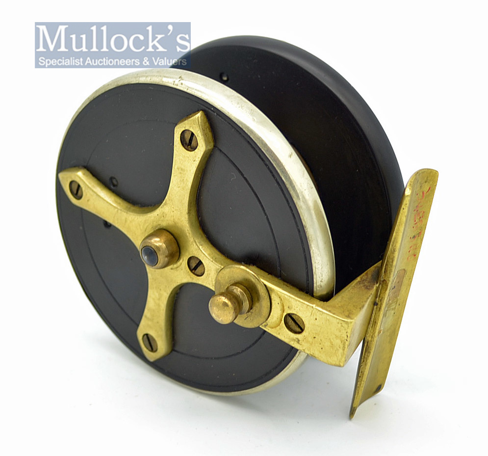 Slater Style combination ebonite and brass star back reel – 3.5” dia., nickel silver rear back plate - Image 2 of 3