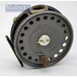 Hardy Bros “The St George” post-war alloy fly reel - 3.75”dia, dark finish, ribbed brass foot,