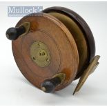 Milwards wooden Nottingham and brass frog back reel – 5” dia – with Slater spring release latch,