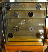 Glass fishing reel display case – with 6x shelves, sliding doors c/w wooden base or wall stand –