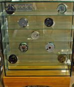 Glass fishing reel display case – with 6x shelves, sliding doors c/w wooden base or wall stand –