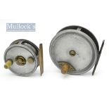 2x J Webber & Sons Exeter alloy fly reels – 2.75” centre brake with smooth alloy foot, on/off check,