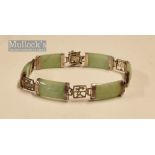 Silver and Jade Bracelet marked 925 with oriental links and clasp, 6x rectangular stones, length