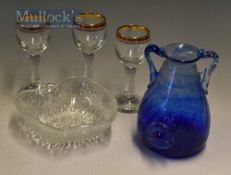 Early Blue Glass hand blown twin handled vase together with three 19th Century absinthe glasses