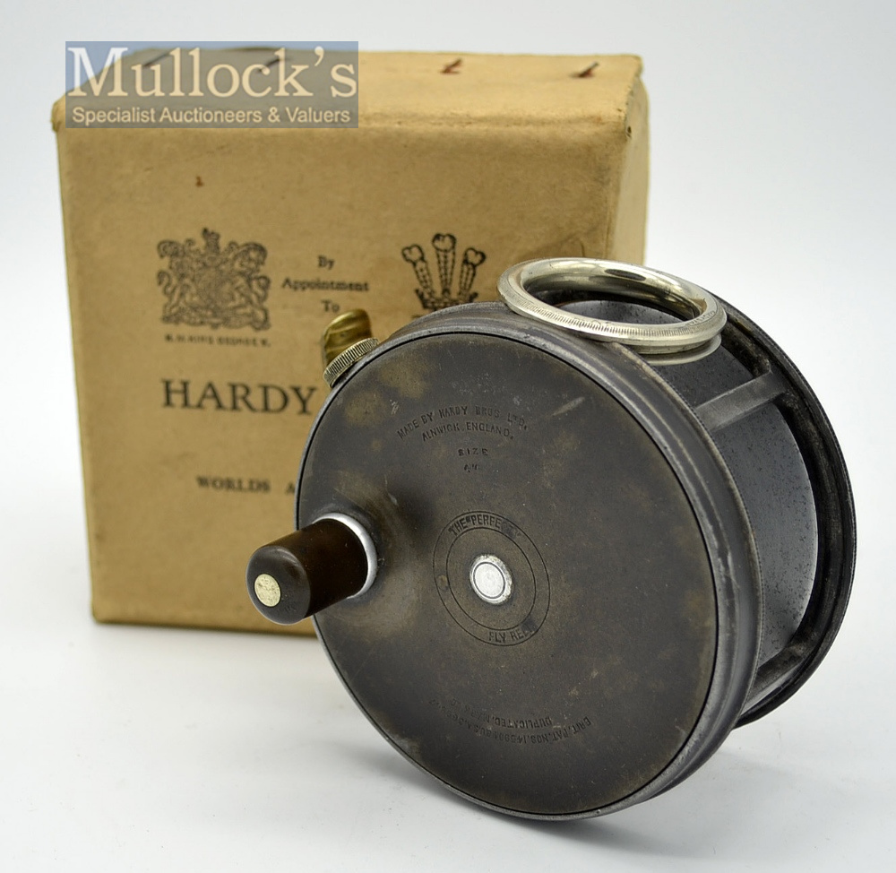 Fine Hardy Perfect Dup Mk II alloy salmon reel c.1922: 4” dia, with ribbed brass foot, Hardy’s - Image 2 of 2