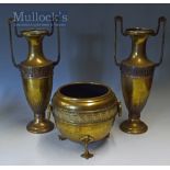 Victorian Aesthetic Brass Vases and Central Jardinière all with fine cast detail and patination,