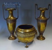 Victorian Aesthetic Brass Vases and Central Jardinière all with fine cast detail and patination,