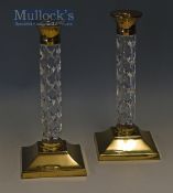 Pair of House of Waterford Crystal Glass Candle Stick Holders mounted on brass, glass columns with a