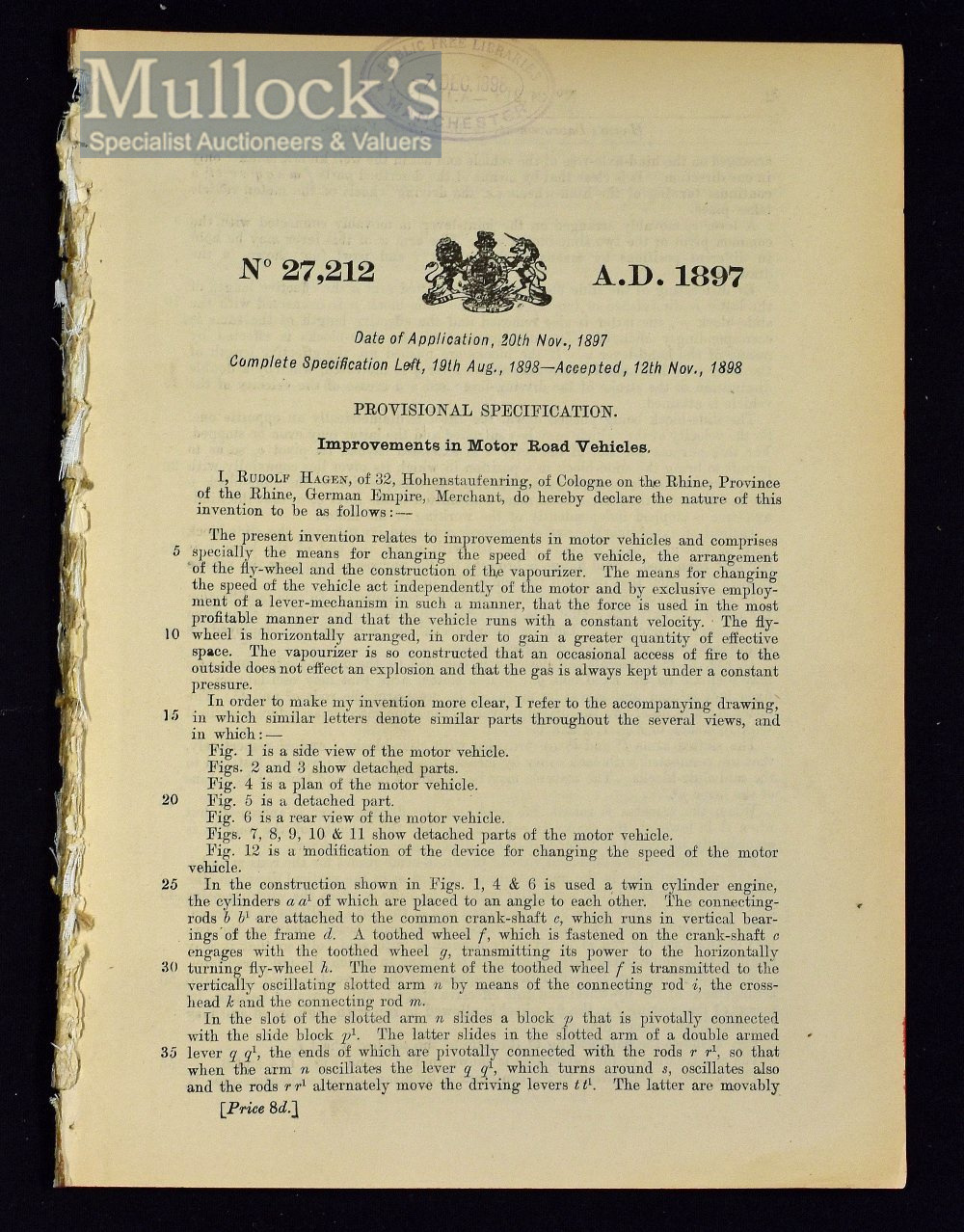 Early Patent For Improvements In The Motor Car 1898 - A 5 page publication by the Patent Office in