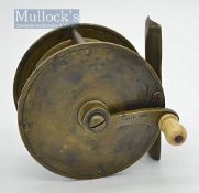 Hackett Cork brass wide drum salmon reel: 3.5” dia with curved crank arm stamped with makers details