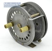 French Reflex No 2 alloy centre pin reel: 3.5/8” dia, smooth brass foot (very slight filing), side
