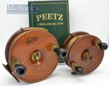 2x Peetz Canada Classic Fishing Handcrafted Mahogany and Brass fishing reels and signed book (3) –