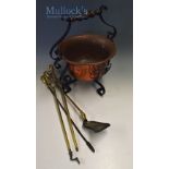 Copper and Wrought Iron Coal Receiver complete with handle together with a set of heavy brass