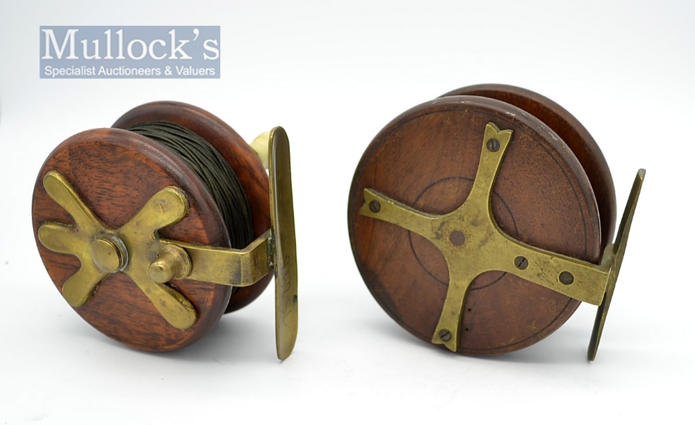 2x interesting Nottingham wooden and brass fly reels- 4” dia with slater spring latch, and brass - Image 2 of 2