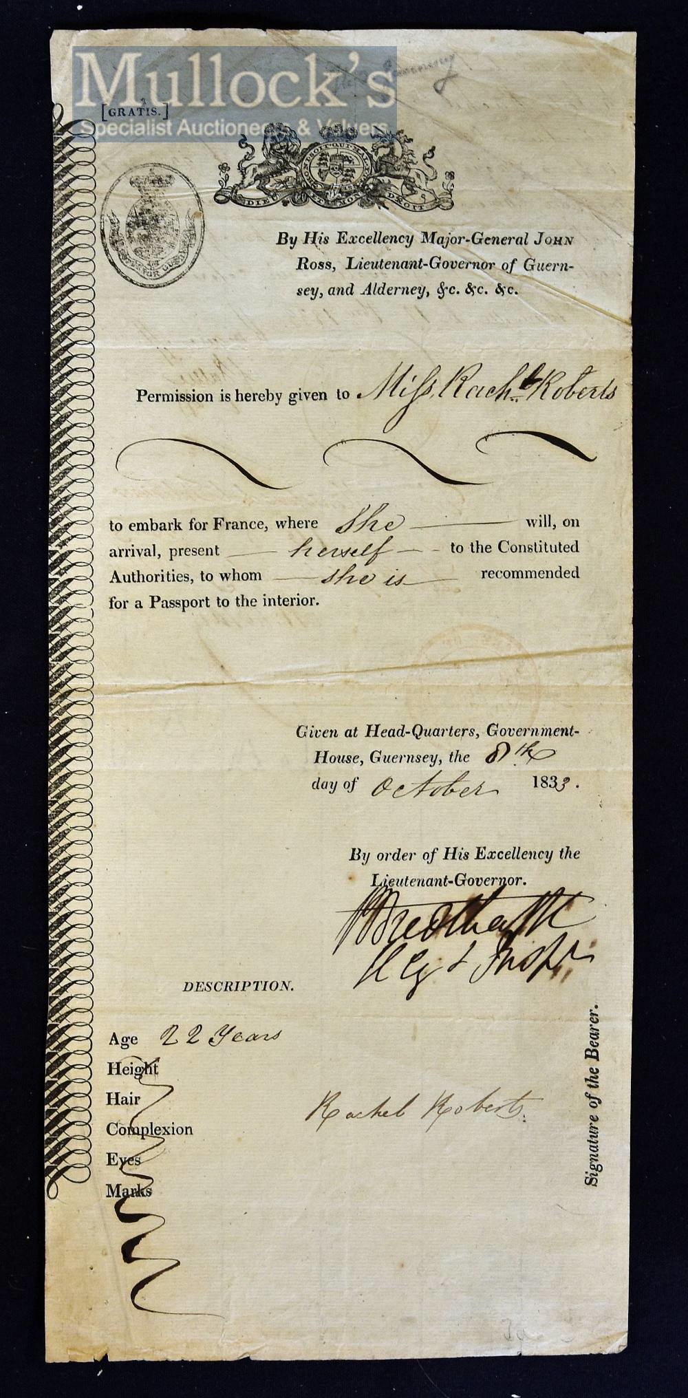 Island of Guernsey Early Passport 1833 - Issued by Major General John Ross Lieutenant-Governor of